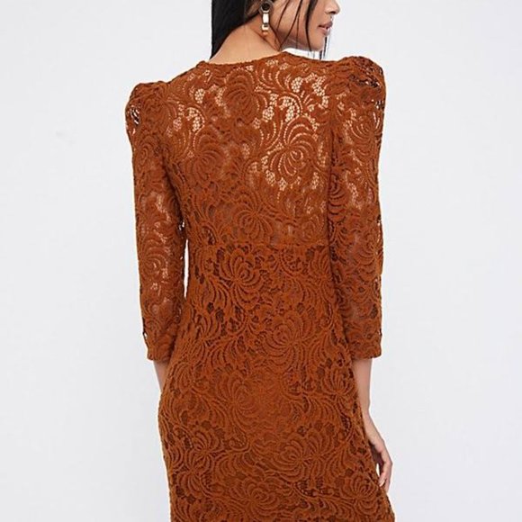 Free People Dana Bodycon Deep-V Lined BRONZE Lace Dress~Measurements listed - Picture 4 of 5
